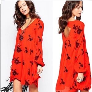 Free People Emma Red Embroidered Long Sleeve Dress